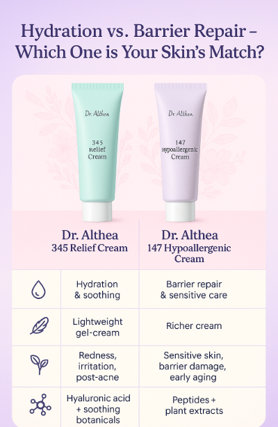 Dr. Althea 345 vs 147 cream comparison chart – Relief Cream for hydration vs Hypoallergenic Cream for barrier repair